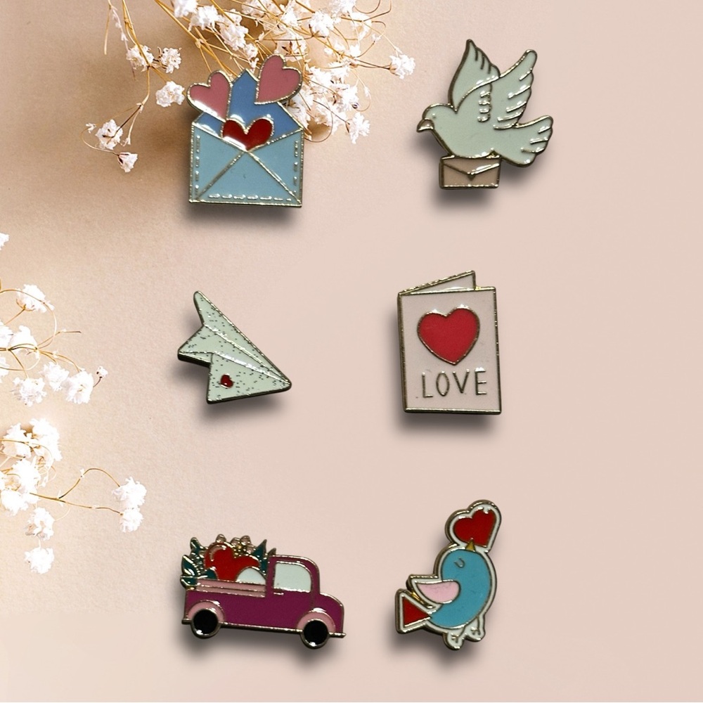 Valentine’s Day Love Letter Enamel Pin Set - 6pc Whimsical Mail & Hearts